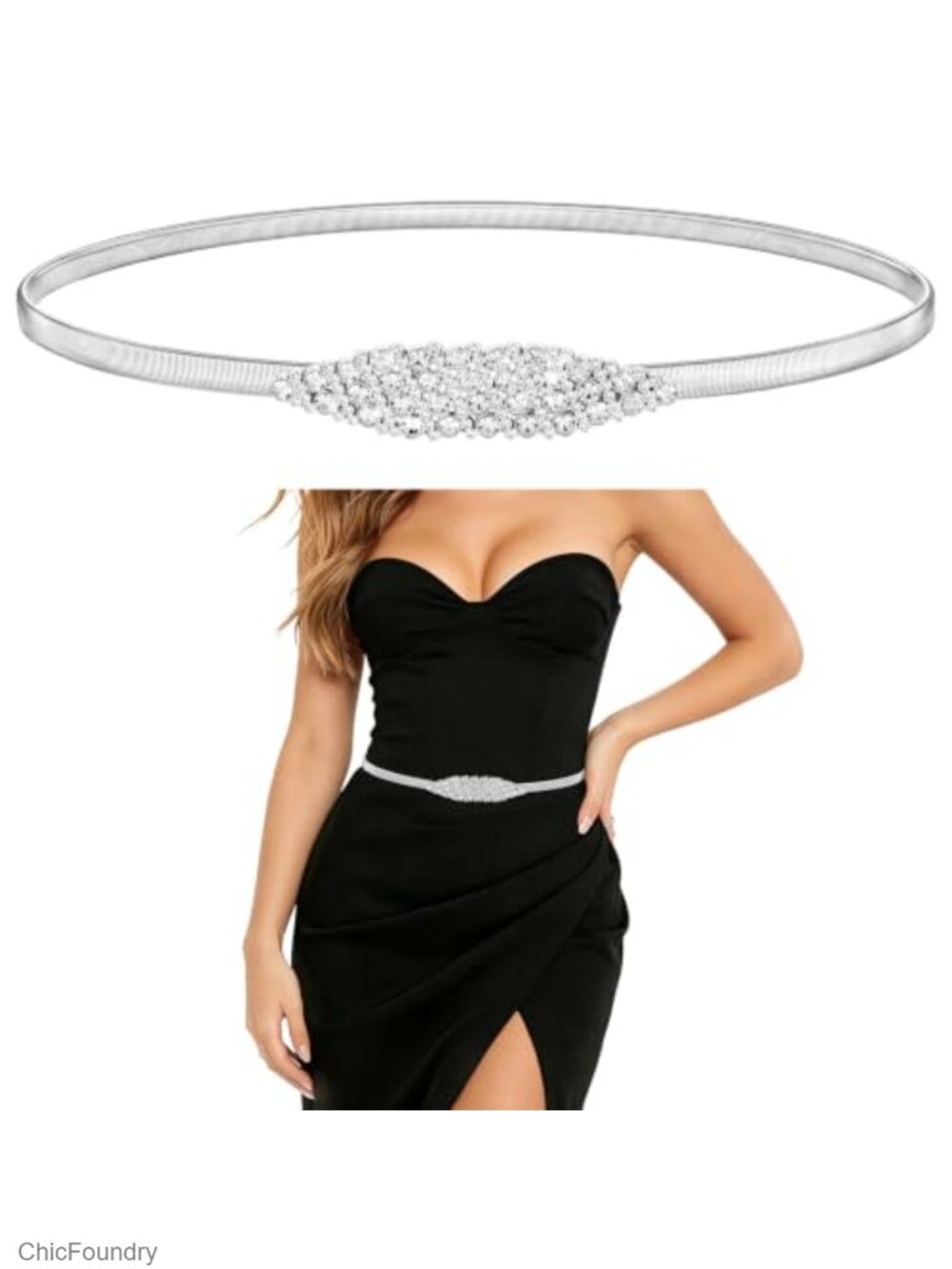 Skinny Elastic Metal Waist Belt for Dresses - Stretchable Rhinestone Floral